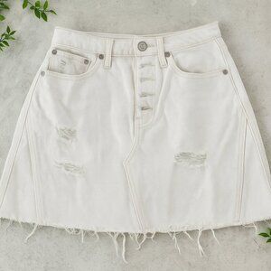 Free People We the Free White Denim Distressed Jean Mini Skirt button fly Sz 26